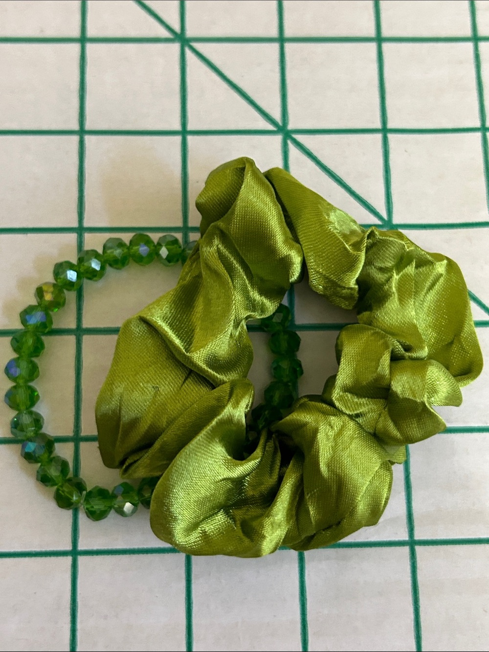 Green Satin Scrunchie & Faceted Bead Bracelet Set